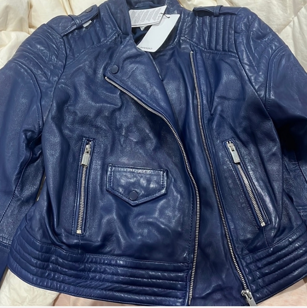 Mango dark blue real leather jacket